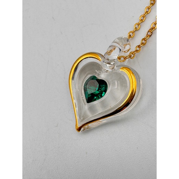 Glass Baron Green May Birthstone Heart Gold Tone Feminine Necklace 18" - Picture 5 of 11